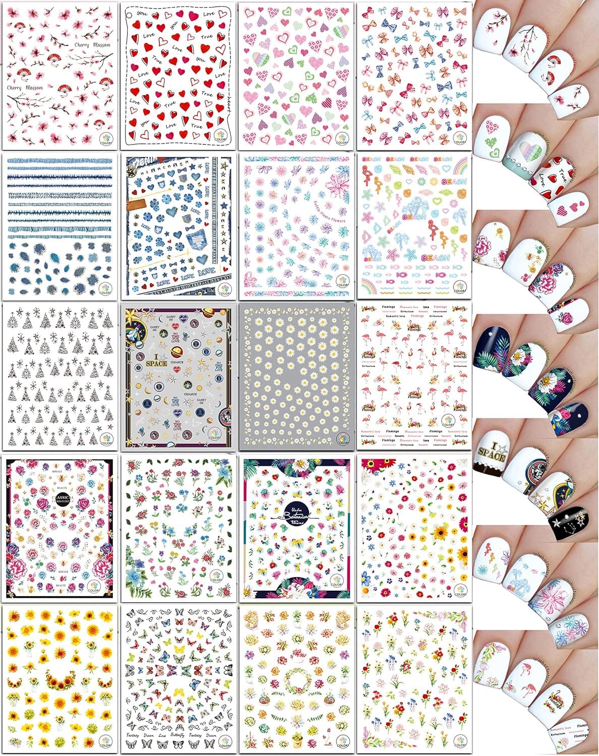 Nail Art Stickers Potpourri - Flamingos, Hearts, Bows, Flowers, Bows, Denim, Planets, 20-Pack/CA-VII/