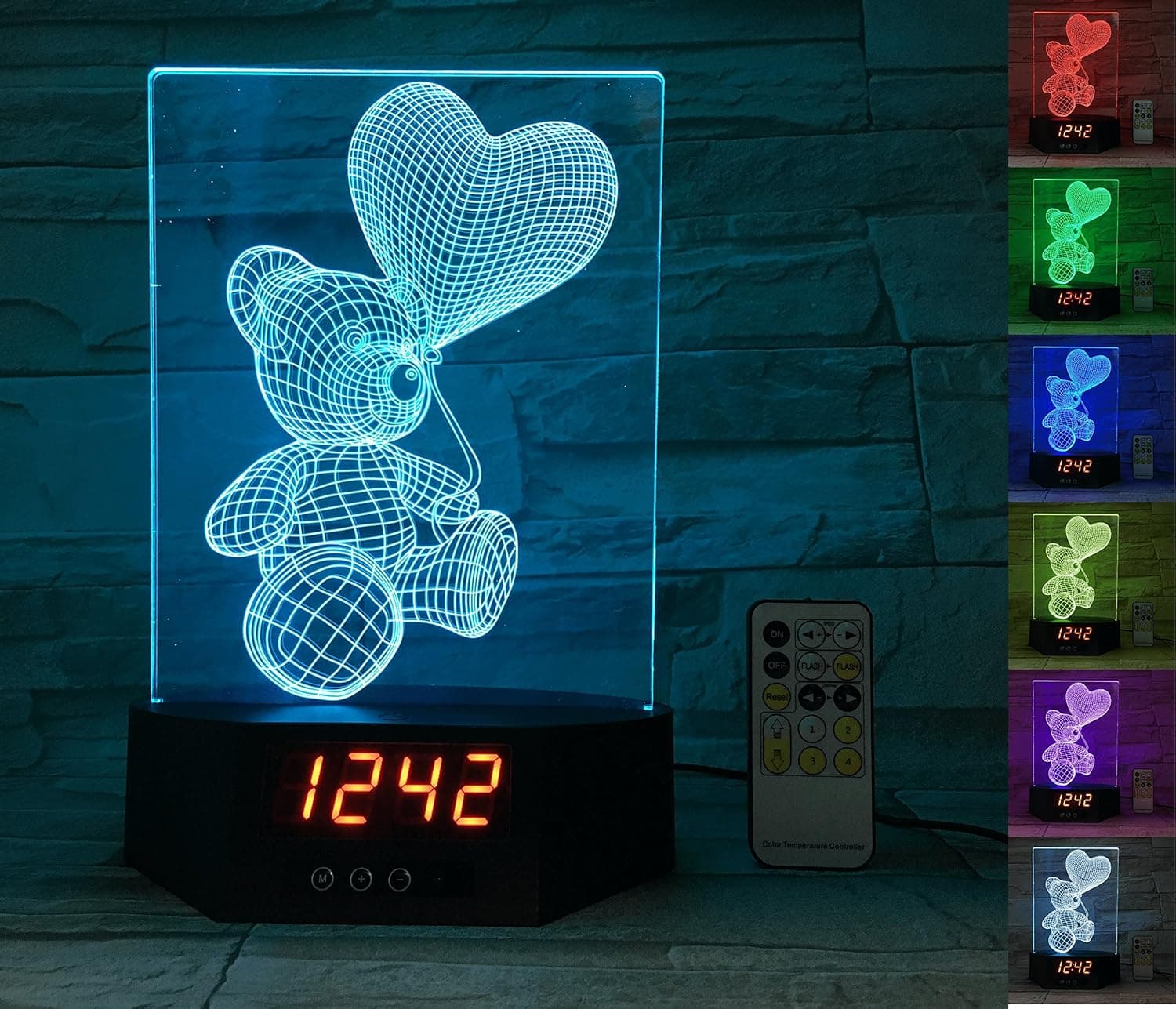 ATOMFIT Teddy + Castle 3D LED Night Light for Home, Table or Desk Lamp, Optical Illusion with 7 Color Switching - Clock, Temperature, Nursery Bedroom Boys Girls Kids Baby Toddler Adults Gift