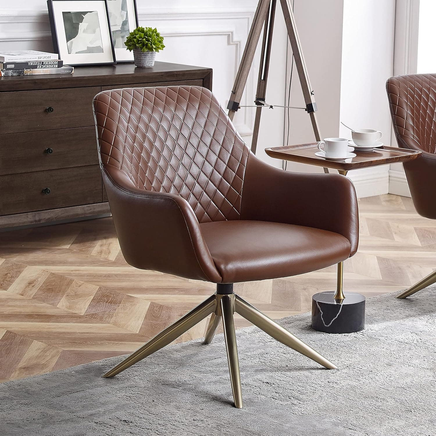Art Leon Modern Upholstered Swivel Accent Chair with Arms for Small Spaces Home Office Living Room Bedroom, Cognac