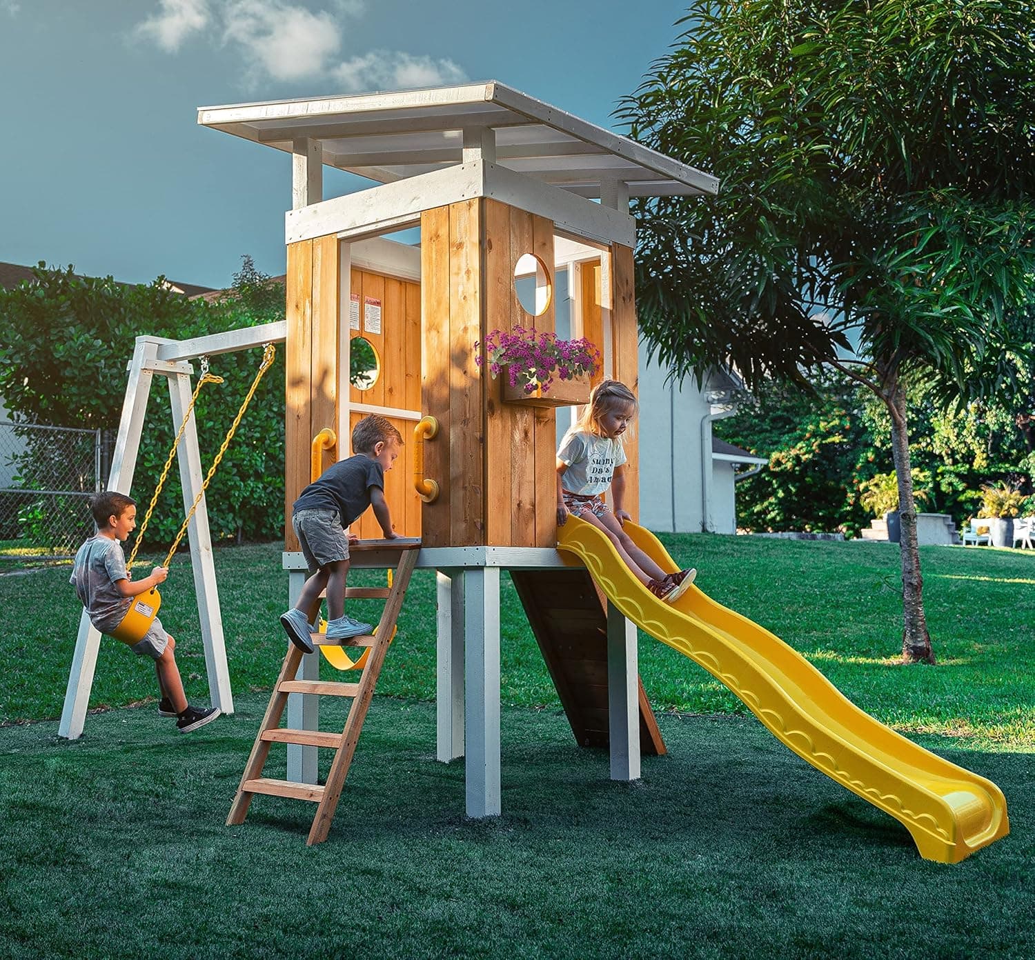 Avenlur Modern Outdoor Backyard Swing Set Children's Rock Climbing Wood Playground Playset 2 Belt Swings, Clubhouse Fort, Windows, Ladder, Wavy Slide Toddlers, Kids Climbers Play Adventure Rock 3-11yr