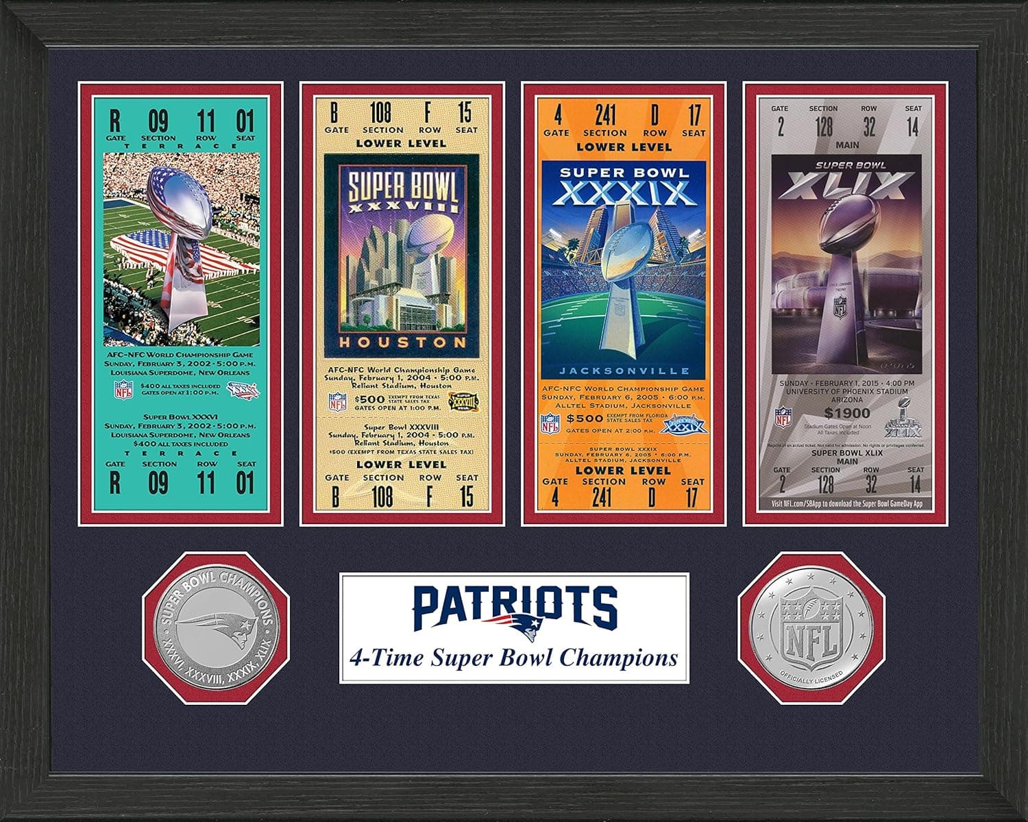 NFL New England Patriots 4-Time super Bowl Champions Ticket Collection, Bronze, 18 " x 14" x 3"