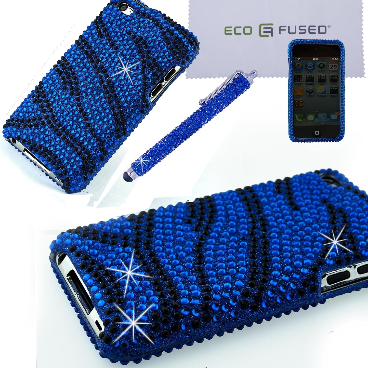 Eco-Fused iPod Touch 4 Case Bundle Including 1 Bling Zebra Case for Apple iPod Touch 4th Generation Case with Rhinestone Detail / 1 Bling Stylus Pen / 1 Microfiber Cleaning Cloth (Blue)