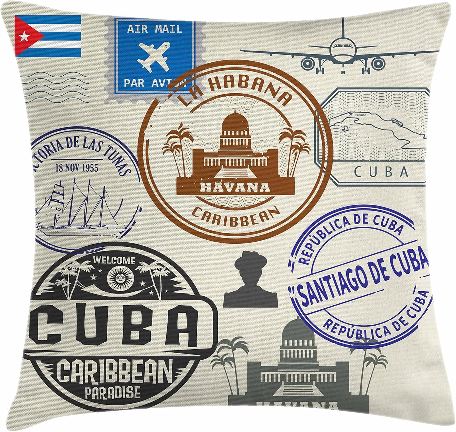 Lunarable Havana Throw Pillow Cushion Cover, Travel Concept Passport Stamp Design of Cuban Cities and Landmarks, Decorative Square Accent Pillow Case, 20" X 20", Cobalt Blue