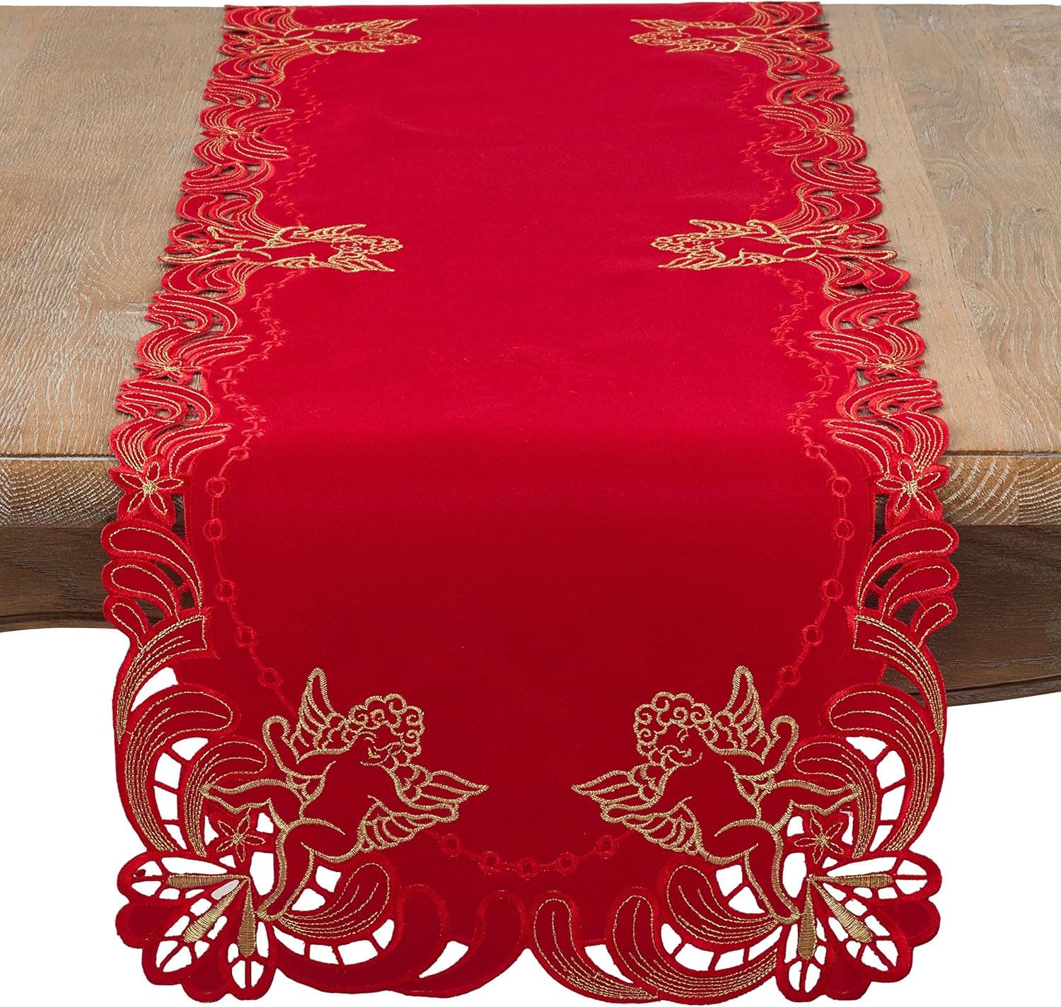 SARO LIFESTYLE Embroidered Angel Cherub Design Christmas Table Runner Red 16"x72"