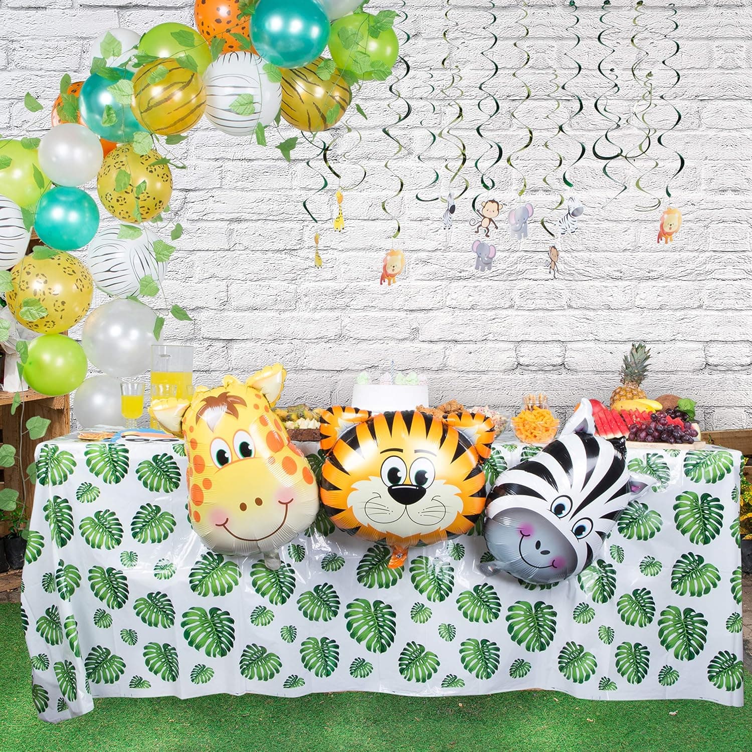 Party Helper Jungle Safari Theme Party Supply Kit - Premium Green Birthday Party Decorations For Boys and Girls - Includes Animal Balloons, Artificial Vines and Leaves, Tablecloth, Latex Balloons, Masks and More