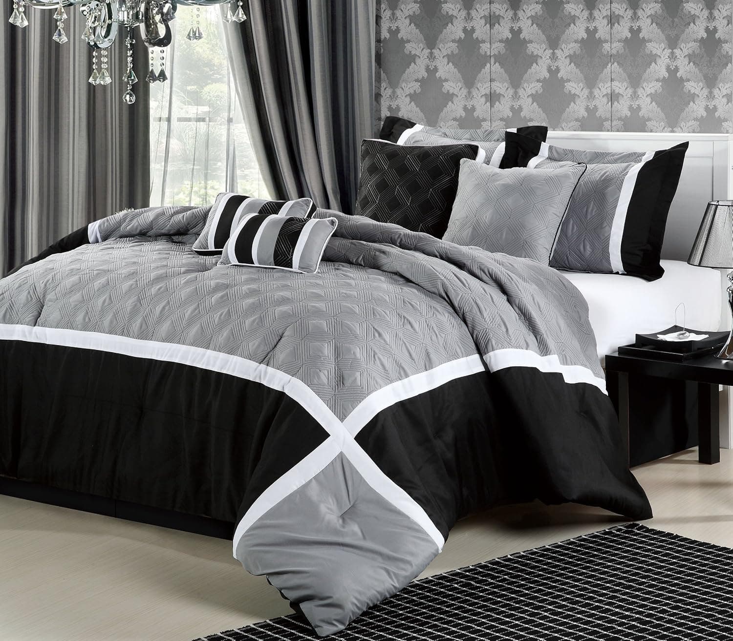 CHIC HOME QUINCY OVERSIZED AND OVERFILLED 8 PCS COMFORTER SET, KING SIZE, BLACK