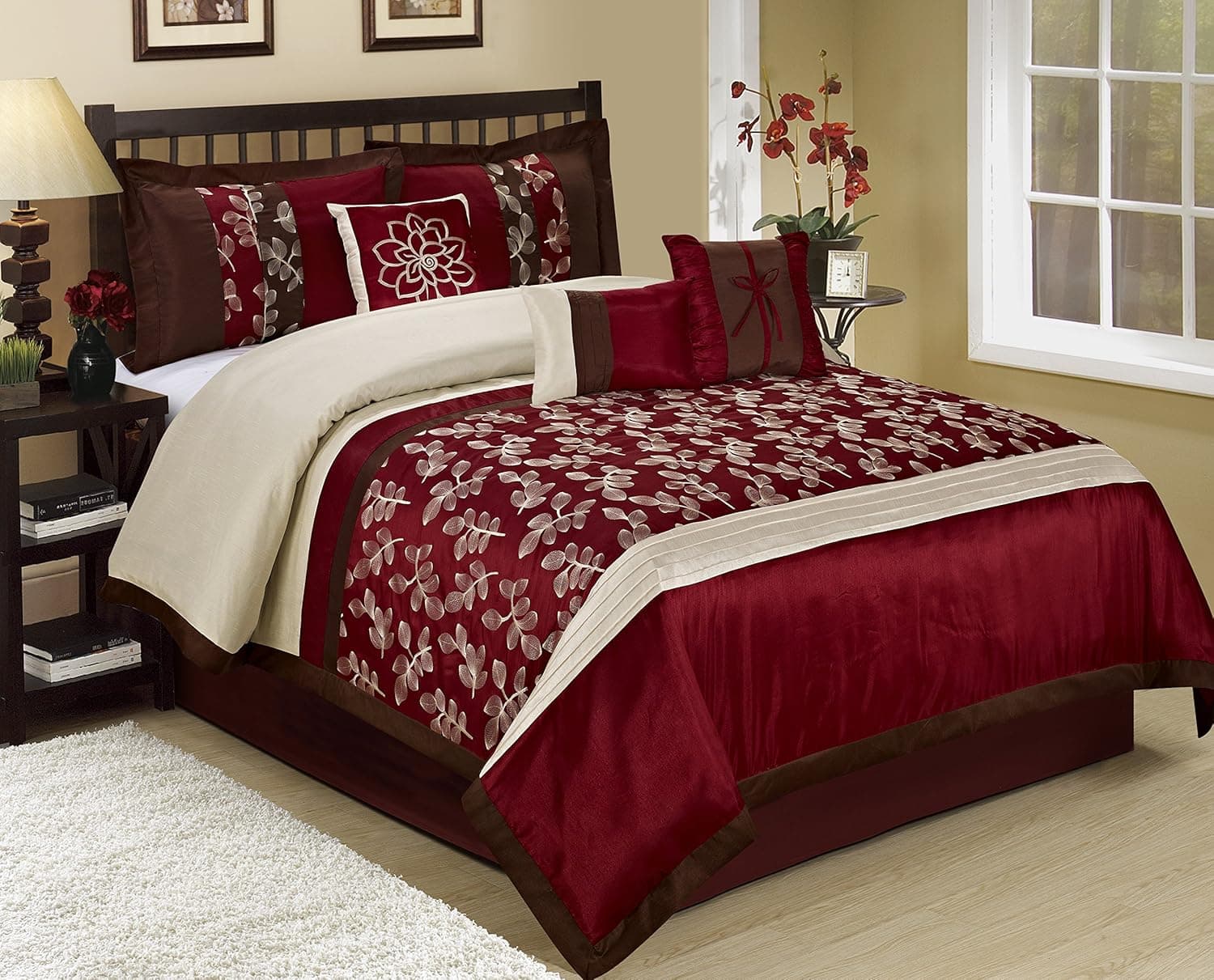 7 Piece CELIN Big Leaves Embroidered And Patchwork Comforter Set Queen King CalKing (King, Burgundy)