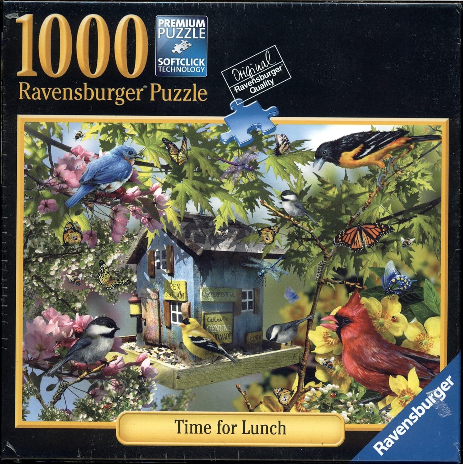Ravensburger 1000 Piece Premium Puzzle Featuring Softclick Technology - Time for Lunch By Artist Lori Schory - Artwork Features Various Birds and Butterflies Around a Birdhouse