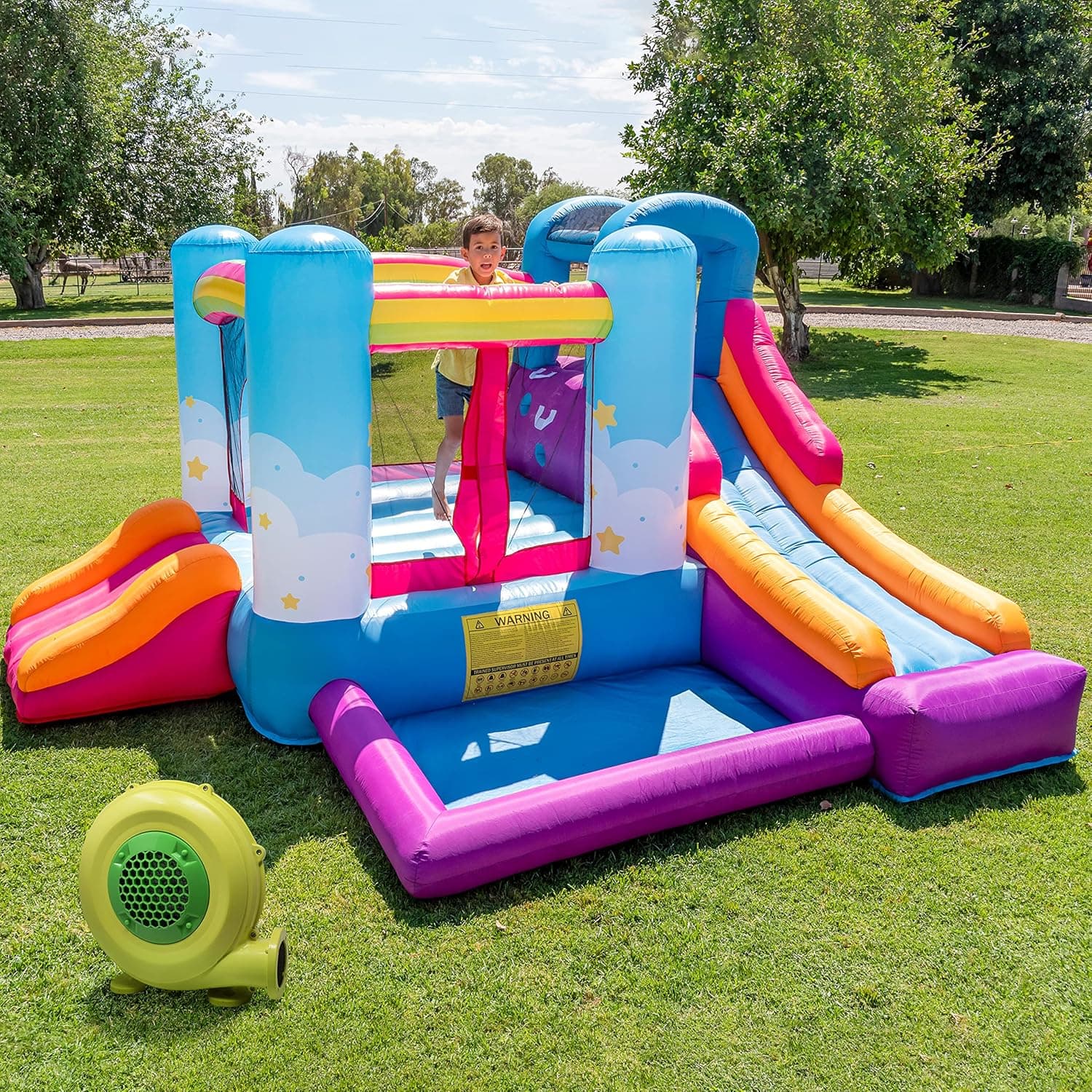 TURFEE Sky and Rainbow Inflatable Bounce House with Side Slide for Kids Outdoor Play Garden/Backyard