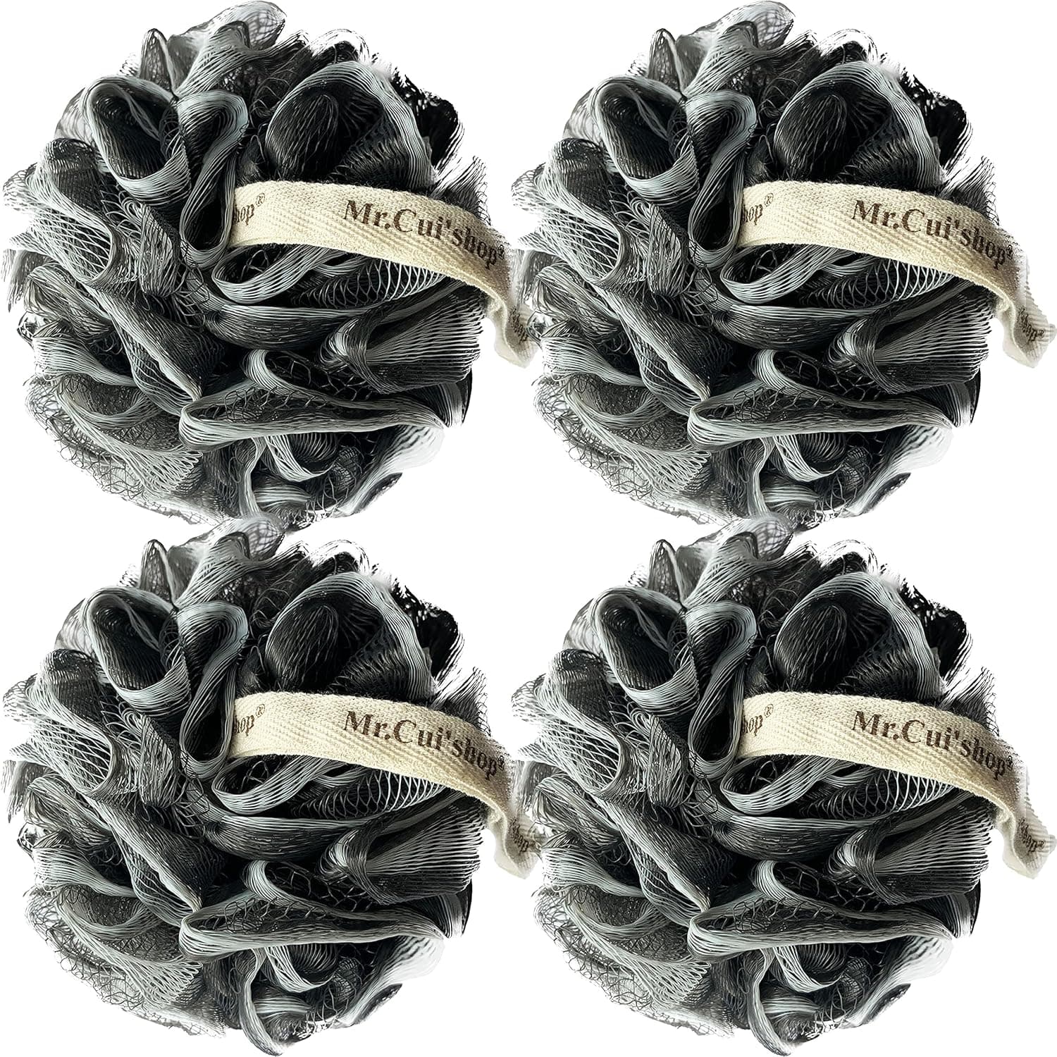 4 PACK( XL 75G ) Bamboo Charcoal Exfoliating Home Spa Loofah Shower Sponge Pouf Mesh Brush - Bath Spa Puff Scrubber Ball - Face Body poof - Rich Foams Bubble
