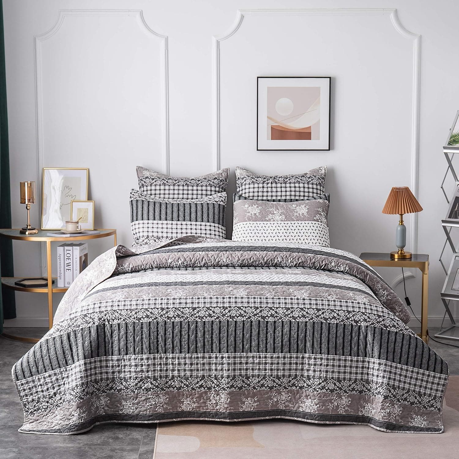 Aijar Home Grey Stripe Floral Patchwork 3 Piece