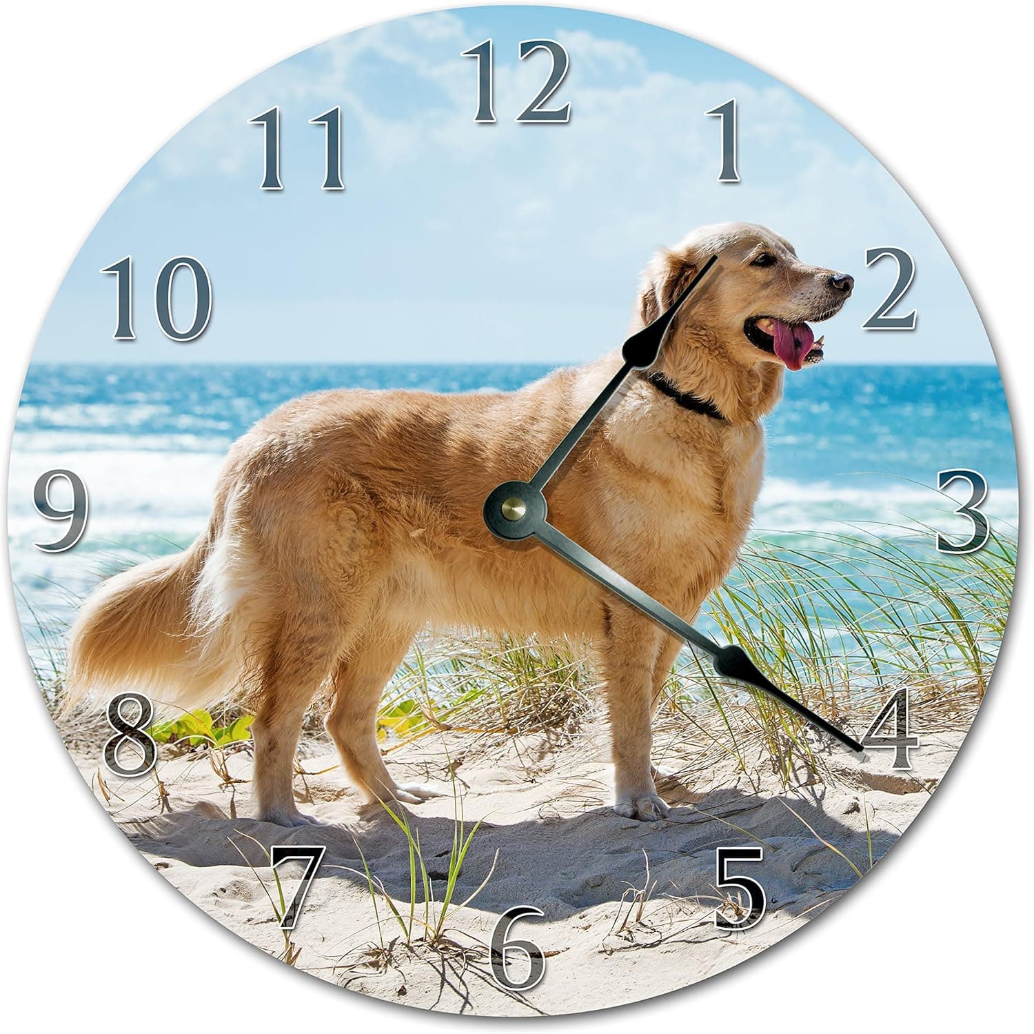 10.5" Adorable Golden Retriever ON Beach Clock - Large 10.5" Wall Clock - Home Décor Clock
