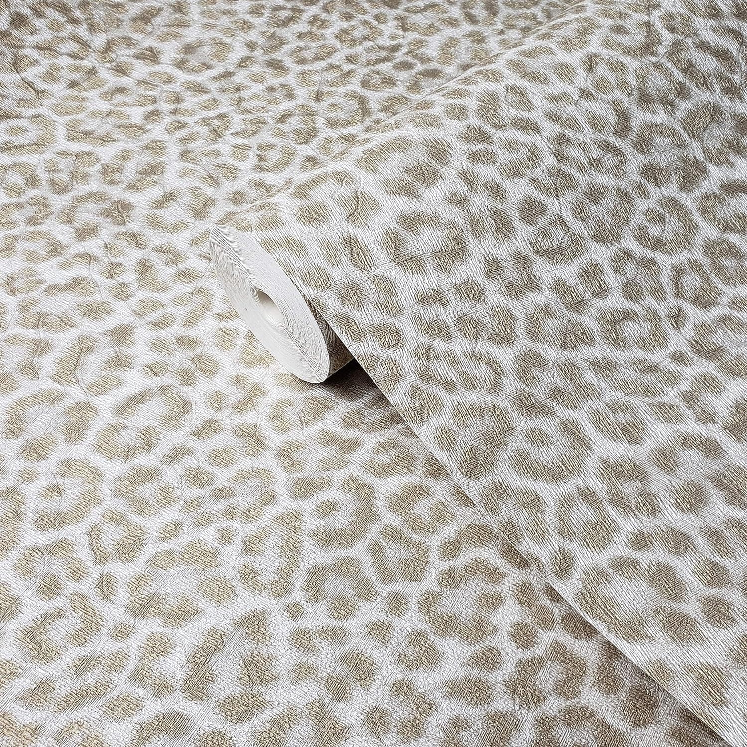 Made in Italy Portofino Textured Italian wallcoverings Modern Embossed Vinyl Wallpaper White Yellow Gold Metallic Leopard Cheetah Jaguar Animal Print Faux Skin Fur Textures (Sample)