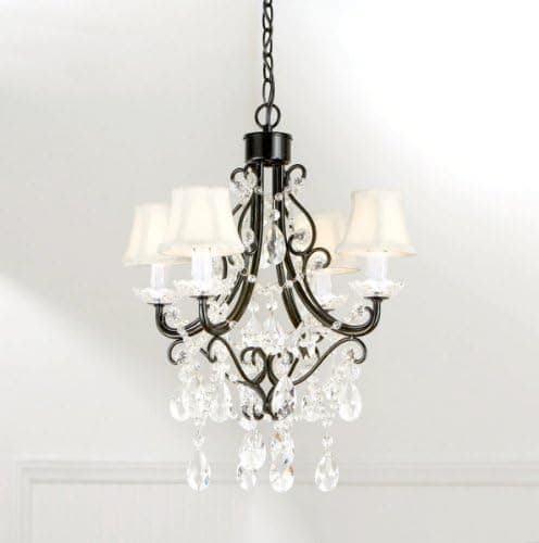 Midwest-CBK Black Four Arm Chandelier with Clear Dangle Accents and Mini Bell Shades