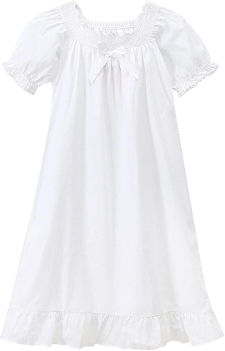 iMOONZZZ Nightgowns for Girls, Long Vintage Soft Cotton Sleepwear, Full Length Nightdress for Kids 3-12 Years