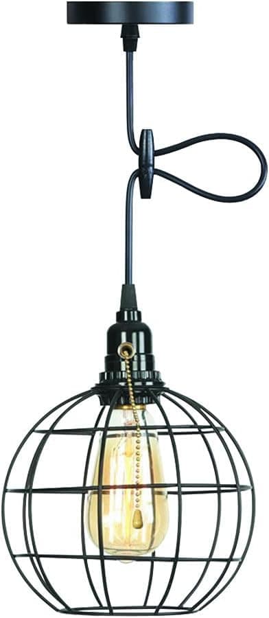 Industrial Pendant Light Fixture Pull Chain Vintage Hanging Light,On Off Switch Adjustable Height Global Pull String Metal Cage Flush Mount Ceiling Light for Kitchen Island,Farmhouse,E26 Base(Black).