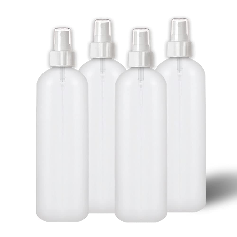 MoYo Natural Labs 4 oz Spray Bottles Fine Mist Empty Travel Containers, BPA Free HDPE Plastic for Essential Oils and Liquids/Cosmetics (Neck 20-410) (Pack of 4, HDPE Translucent White)