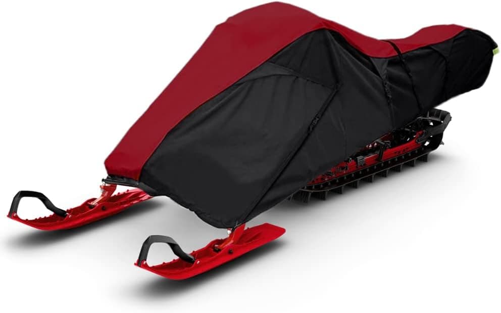 Zenicham Upgraded Tear and Fade Resistant Trailerable Snowmobile Cover, Heavy-Duty Waterproof and UV Protection Snowmobile Cover,Snowmobile Cover with Reflective Strips Red/Black Fits Up to 130"