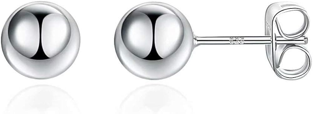 Round Ball Stud Earrings for Women - White Gold Plated 925 Sterling Silver Stud Earrings for Women Girls, Dainty Hypoallergenic Sterling Silver Stud Earrings Set 5mm