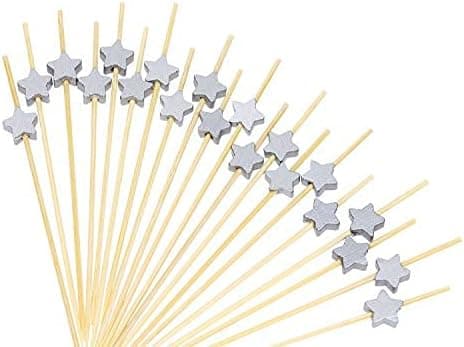 ONLYKXY Silver Star Cocktail Picks, Bamboo Cocktail Picks, Food Sticks, Toothpicks Wood Stirring Sticks, Wooden Coffee Stir Sticks, 12cm (20 Pieces)