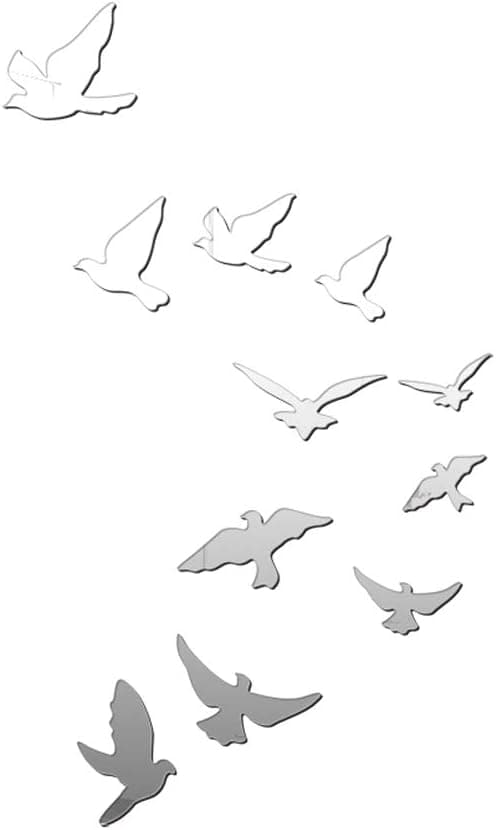 11 Pcs Flying Birds Acrylic Wall Sticker, 39inch 3D Acrylic Silver Crystal Mirror Big Size Modern Acrylic DIY Art Wall Decal Home Living Room TV Background Decoration Detachable