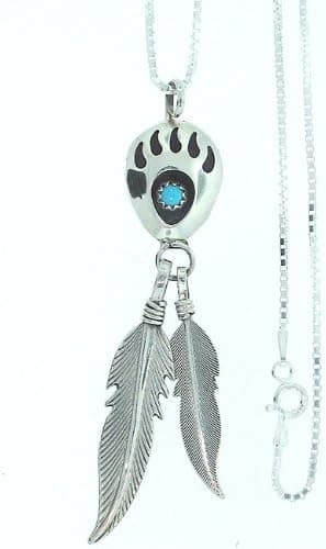 By Artist Leta Shorty Parker: Navajo Made Sterling-silver Bear Paw w/Feathers Pendant-necklace.