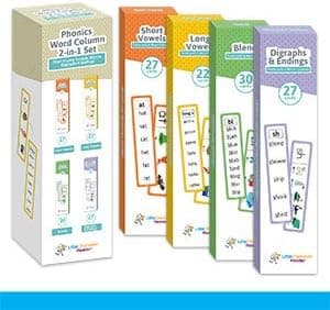 2-in-1 Phonics Flash Cards with Phonetic Word Column List - Teaches Reading with 900+ Phonics Rhyming Words - Short & Long Vowel, Blends, Diagraph and Word Endings - Preschool, Kindergarten, Grade 1