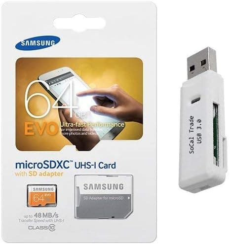 Samsung Electronics 64GB EVO Micro SDXC with Adapter Upto 48MB/s Class 10 Memory Card (MB-MP64DA) with SoCal Trade USB 3.0 High Speed Dual Slot MicroSD HC and SD HC Memory Card Reader