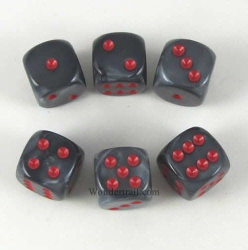 Black Velvet with Red Pips 16mm D6 Dice Set of 6 Wondertrail WCX27678E6