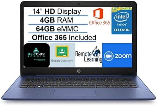 Newest HP Stream 14" HD SVA Laptop Computer, Intel Celeron N4000 Processor, 4GB RAM, 64GB eMMC Flash Memory, 1-Year Office 365, HDMI, Bluetooth, Windows 10, Blue, AllyFlex MP, Online Class Ready