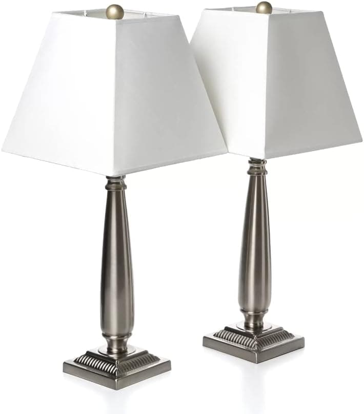 King's Brand Brushed Nickel Table Lamp with Square White Shades Set of 2 Table Lamps