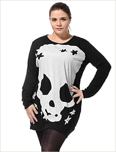 uxcell Lady Plus Size Skull Embellished Autumn Knitted Tee Shirt Black 3X