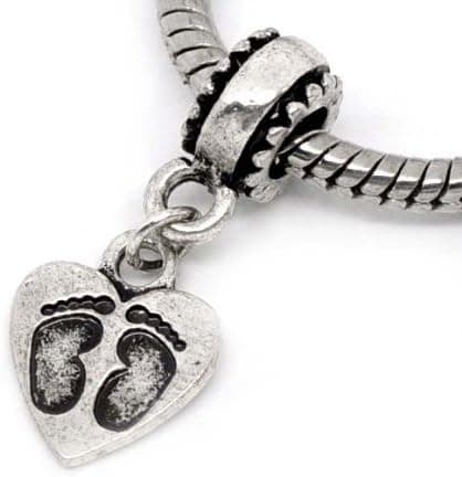 Antique'd Silver Foot Print On Heart Charm Dangle Bead