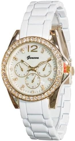 Geneva Women's White Small Face Watch Chronograph Look Sparkly Gold Tone CZ Accented Bling Bezel