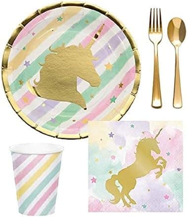 Unicorn Pink Metallic Gold Sparkle Party Supplies Tableware for 16 Guests Plates Napkins Cups and Premium Quality Gold Shiny Plastic Cutlery