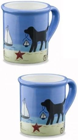 SHARD Pottery Black Lab Beach Hand Painted Coffee Mug Set - Set of 2 12-oz Mugs