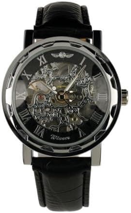 ESS Men's Black Leather Band Luxury Skeleton Self-Wind Up Mechanical Automatic Watch WM125