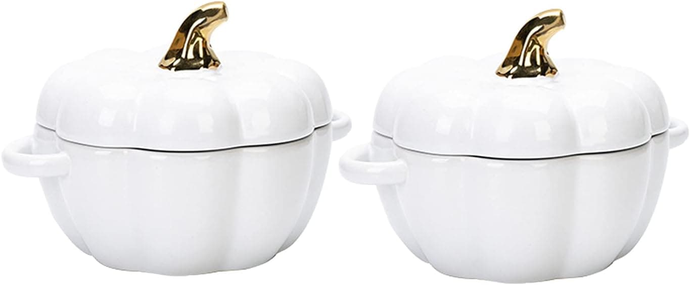 MDZF SWEET HOME Ceramic Pumpkin Bowl, Individual Casserole, Baking Bowl for Oven Bakeware with Lid 14 Oz Set of 2, White