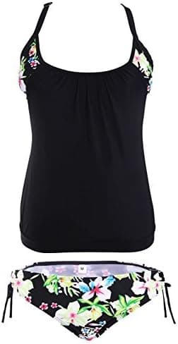 ROYAL WIND Black Layered-Style Floral Tankini with Triangular Briefs