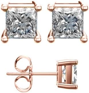 .925 Sterling Silver 2.00 Carat Total Weight Princess Stud Earrings Plated in Real 18 Karat Rose Gold