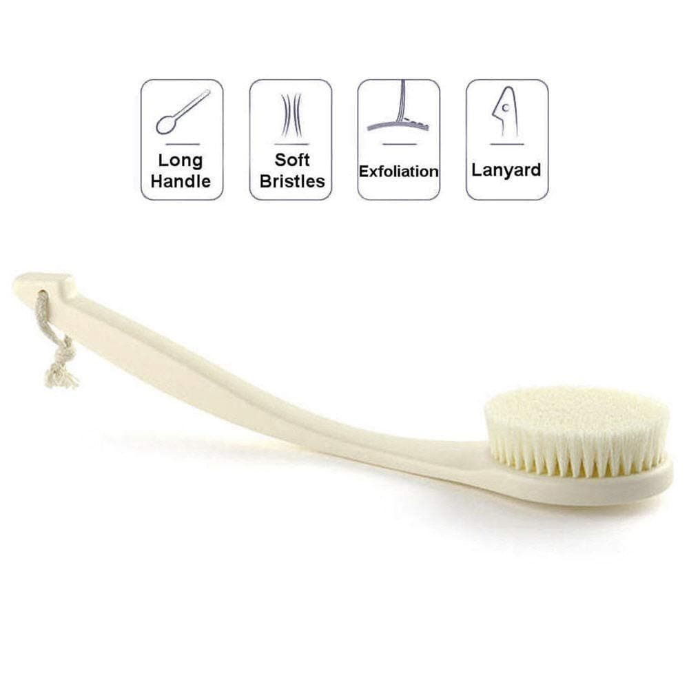 Bath Back Brush Soft Long Handle for Women, Back Shower Brush Scrubber Washer Bathing Scrubbing Exfoliating Body Brush Curved Handle Exfoliator for Dry Skin Cleaning Not Slip with Lanyard (Beige)