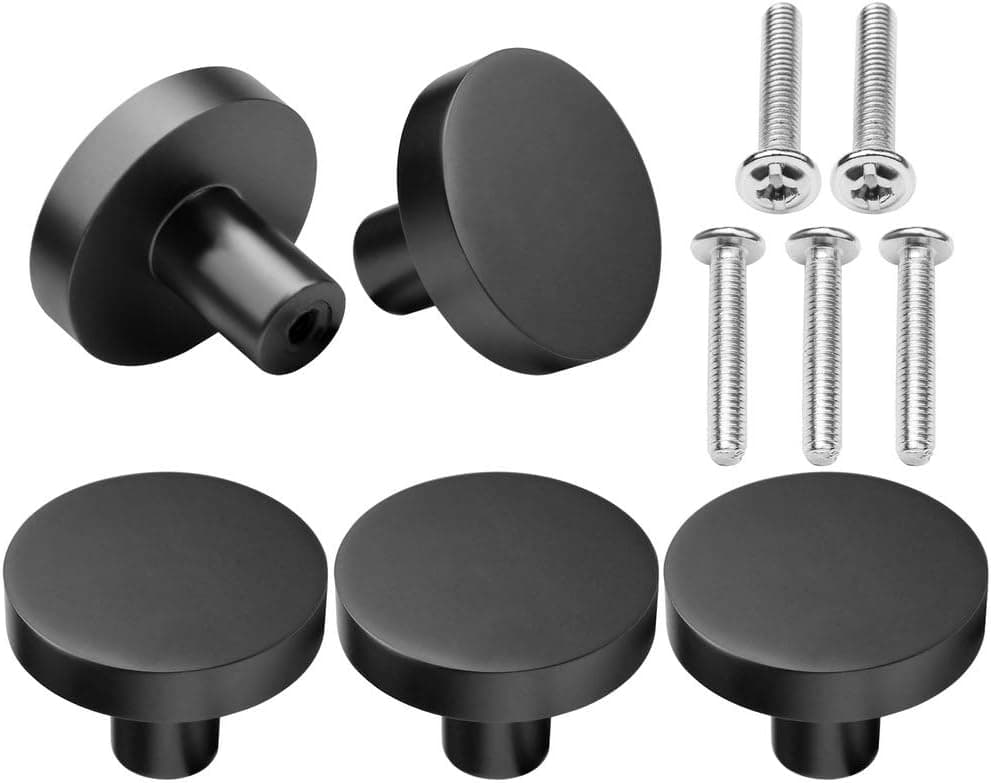 Pimoys 5 Pack Cabinet Knobs, 1 1/4 Inch Round Drawer Handles Light Black Cabinet Hardware Decorative Kitchen Cabinet Knobs with 5 Pcs Screws for Cupboard Closet Dresser Drawer(Pearl Black)