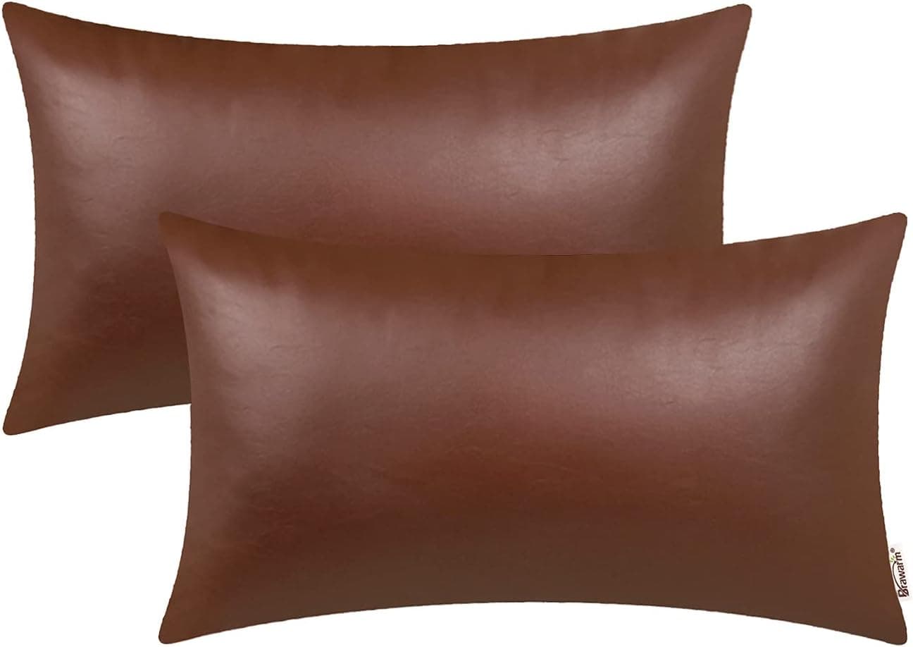 BRAWARM Pack of 2 Light Brown Leather Throw Pillows 14 X 24 Inches, Light Brown Faux Leather Decorative Throw Pillow Covers for Living Room Home Decor Garden Couch Bed Sofa