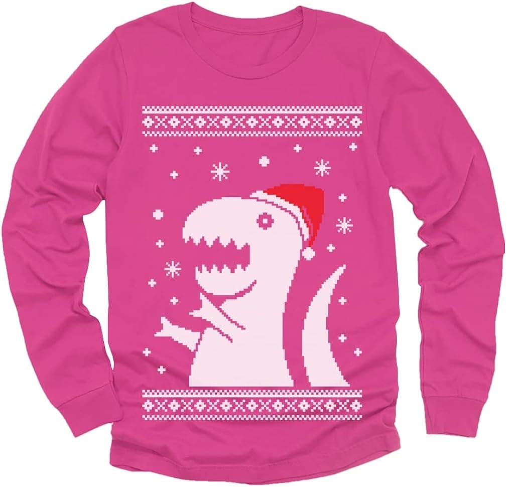 Big Trex Santa Ugly Christmas Sweater Style - Funny Long Sleeve Kids T-Shirt 5/6 Pink