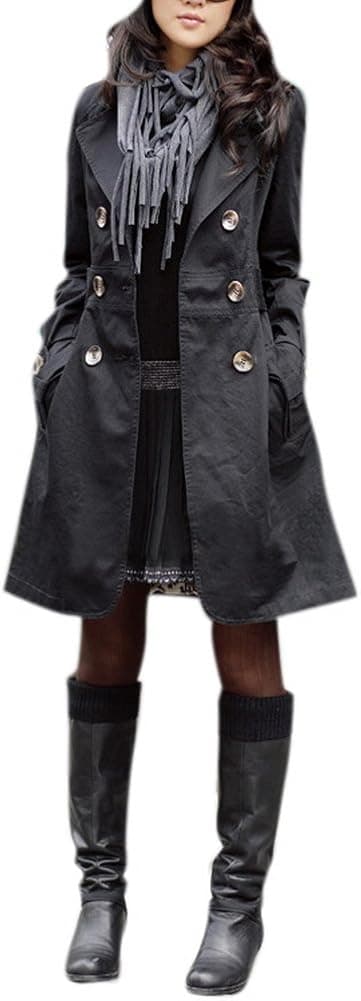 Lingswallow Women Elegant Double Breasted Belted Long Jacket Trenchcoat L Black
