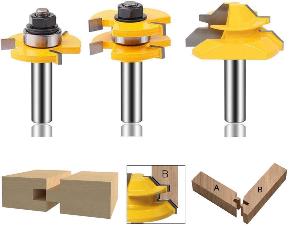 LEATBUY 3 PCS Tongue Groove Router Bit Tool Set ½'' Shank + 45° Lock Miter Bit ½'' Shank For Doors, Tables, Shelves, Walls, DIY Woodwork(1/2+45 Degree)