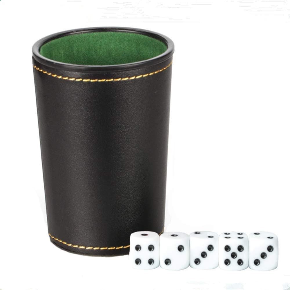 Black Trumpet-Shaped Dice Cup,Artificial Leather Dice Cup Set, with Black Felt Lining Silent Dice Cup, Leather Game Small Throw Cup, Bar Game Sieve Cup, Free 5 Dice .