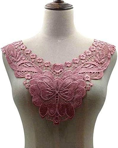 2 Pcs Fabric Flower Lace Sewing Applique Lace Collar Neckline Collar Applique DIY Craft Neckline Sewing Accessories (Pink)