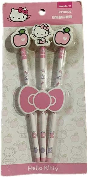 3pcs Hello kitty pencils+erasers Apple Girl Kid School Stationery Drawing Painting