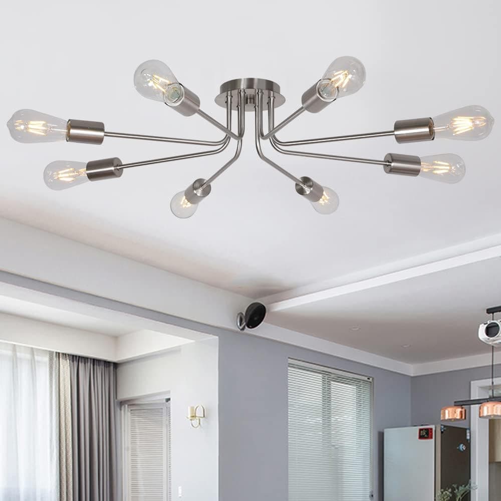 TULUCE Mid Century 8 Light Chandelier Modern Ceiling Lighting Brushed Nickel Semi Flush Mount Ceiling Lights Fixture Used for Kitchen Dining Room Living Room